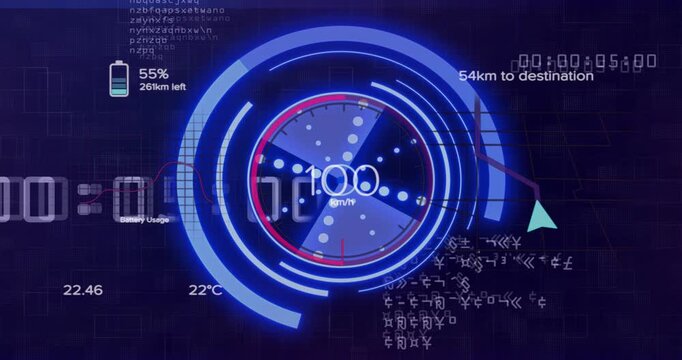 HUD gauge on nav command, accelerating speed, rings rotating, readouts showing distance left