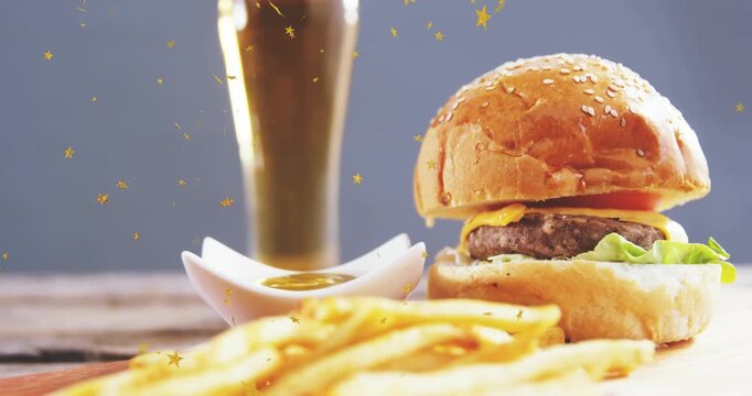 Camera pulling in, sesame burger moving closer, fries filling view, stars drifting, showing styling