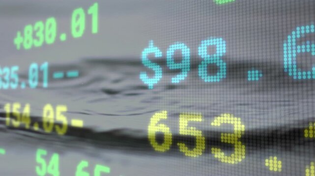 Finance ticker over ripple, orange orb dropping causing cyan yellow numbers moving to show markets