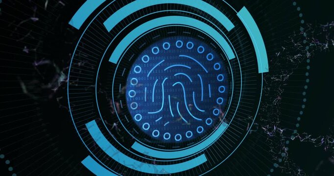 Starting from dot field expanding core biometric HUD animating rings, sliding segments verifying ID