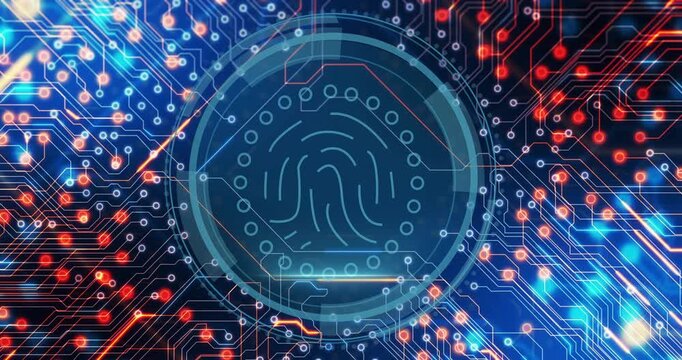 On load fingerprint HUD expanding and scanning, circuit traces pulsing, nodes lighting for security