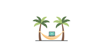 Obraz premium Relaxation concept with laptop on hammock between palm trees.