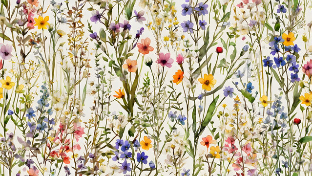 Seamless wildflower meadow pattern with tiny colorful blooms natural scattered layout soft watercolor texture