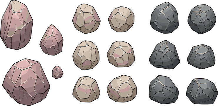 Polygonal Rocks Set in Various Shapes and Colors for Geology, Nature, and Mineral Illustrations