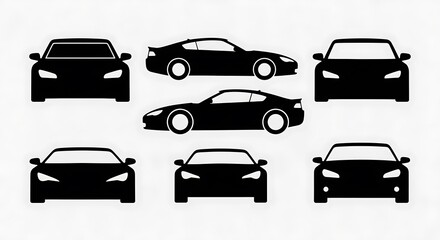 Obraz premium Silhouette set of different car views on white background, black coupe and sedan styles