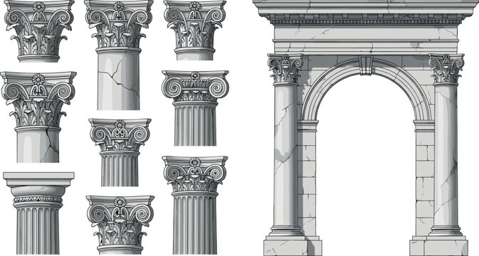 Classical columns and arch collection with Corinthian capitals, ancient architecture elements in detailed stone vector illustration set