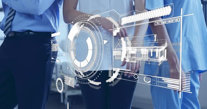 HUD appearing over midline, three clinicians shifting and revealing 3D wireframe house for planning