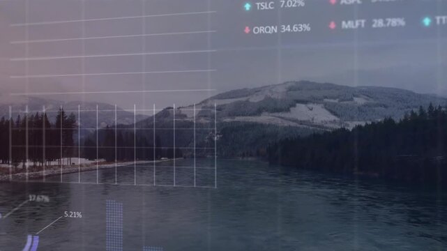 Camera approaching river and snow ridge, environmental HUD appearing, rising then fading with grids