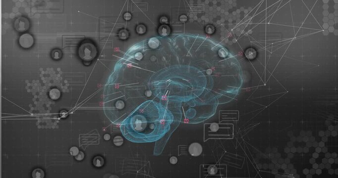 Cyan brain holo rotating, receiving data, pulsing lines to avatar icons and mapping AI data