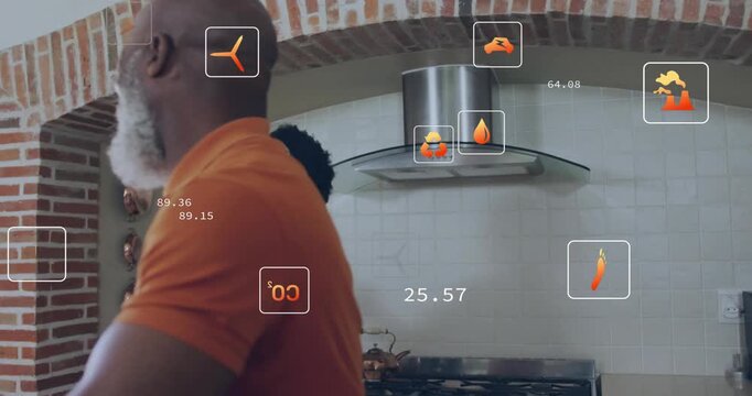 Man stepping left wrapping arms around partner, couple swaying by stove overlays growing for warmth