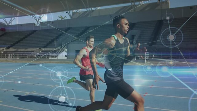 Leader holding lead, chaser sprinting on blue track, wrist sending data, HUD tracking sports speed