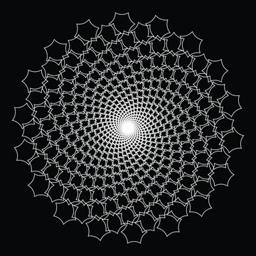 White geometric spiral mandala pattern on black background