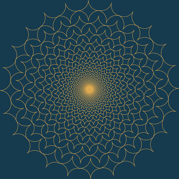 Golden mandala geometric circular pattern on dark blue background