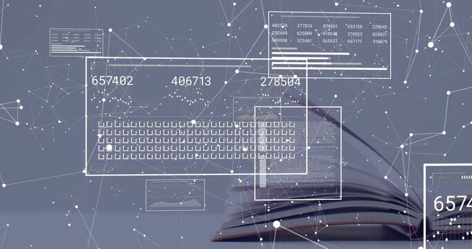 Open book anchoring tabletop, panels sliding right and top, driving node linking readouts for tech
