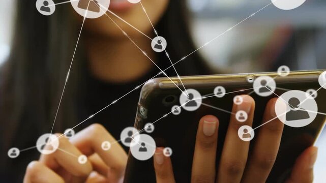 Woman tapping tablet, sparking animated nodes and links, showing network growth for tech creators