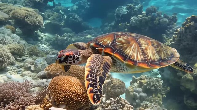 Sea Turtle's Underwater Journey: A majestic sea turtle gracefully glides through the vibrant depths of a coral reef, its patterned shell a testament to the wonders of marine life.