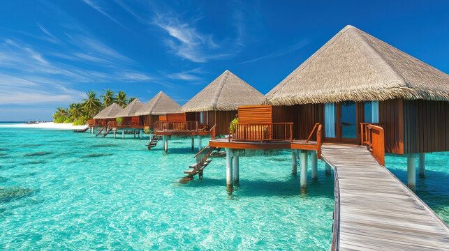 Wooden bungalows on stilts over turquoise water, connected by walkways, under a bright blue sky