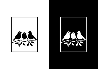 Minimalist black and white vector illustration of three birds perched on a branch with leaves, featuring a mirrored positive and negative space design. © sans
