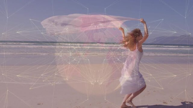 Vertical video: Dancer moving on beach sphere appearing on torso and morphing into mesh for tech