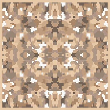 Seamless digital desert camouflage pattern with white, tan, and brown pixels. A high-contrast tactical geometric texture perfect for military-themed backgrounds and fabric prints.