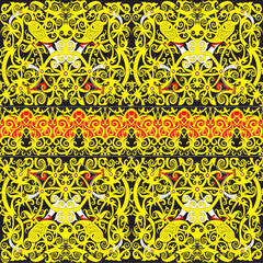  Elegant Kalimantan Dayak batik pattern featuring hornbill and floral ornaments in luxury gold yellow. Perfect for ethnic backgrounds and textile design. © kedaisikancil