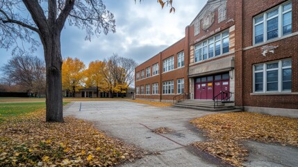 Fototapeta premium Exterior shot of a brick schoolhouse with fall foliage, overcast sky, and bare tree