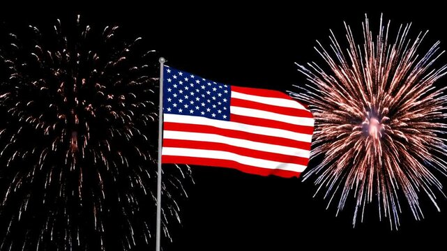 American flag with bright firework rising in dark sky