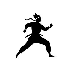 Obraz premium Dynamic silhouette of a ninja in a fighting stance with a black headband and cloak
