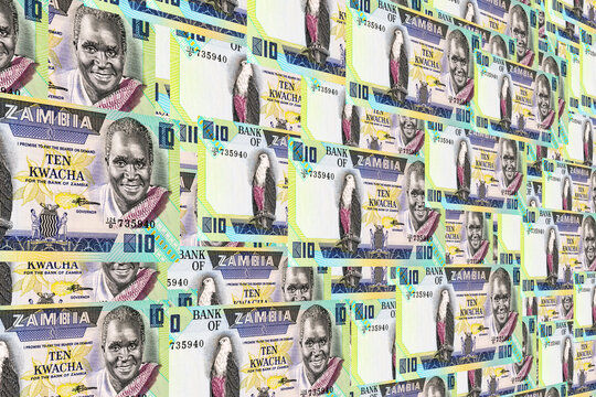 Banknote 10 kwacha Zambia with portrait of President Kenneth Kaunda, fragment for design. Money of Zambia and Africa