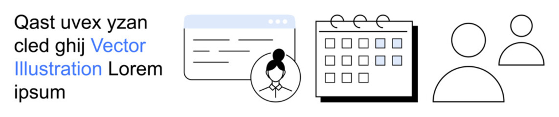 Fototapeta premium Team coordination, scheduling, task management, productivity, organization, digital interfaces. Calendar, user profile and webpage elements with minimal design. Scheduling and team coordination