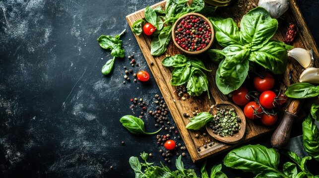 Overhead shot of a rustic wooden cutting board laden with fresh herbs, tomatoes, and spices