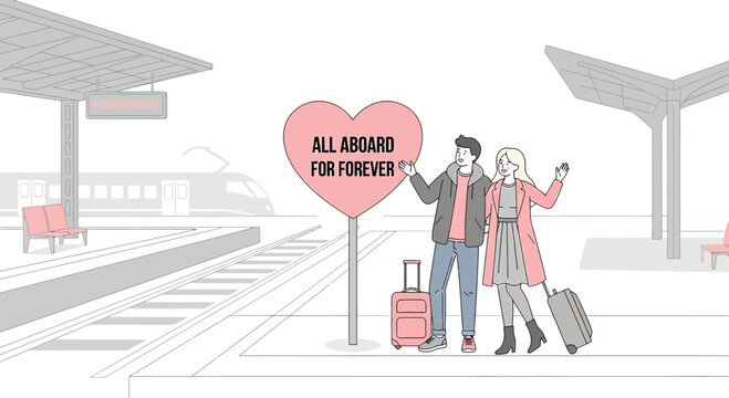 Couple at Train Station with Heart Sign 'All Aboard for Forever'