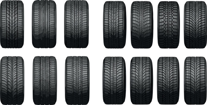 Car tire tread collection with different patterns and textures, realistic rubber wheels in detailed automotive vector illustration set