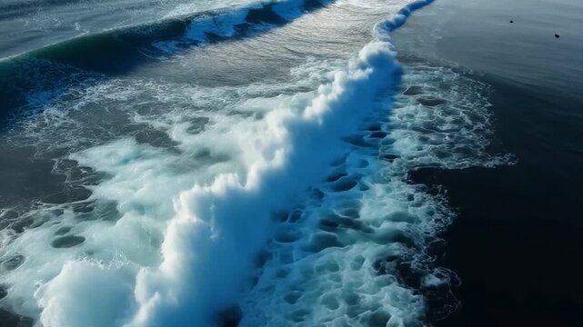 Aerial View of Turbulent Ocean Waves Crashing on Sandy Shoreline