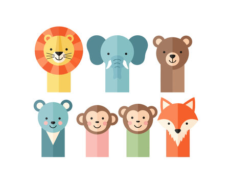 A collection of seven colorful, flat design animal finger puppets including a lion, elephant, bear, mouse, two monkeys, and a fox.