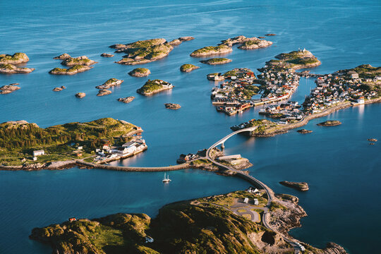 Lofoten islands aerial view sea and roads of Henningsvaer village landscape in northern Norway, Scandinavian famous place travel destinations landmark scenery