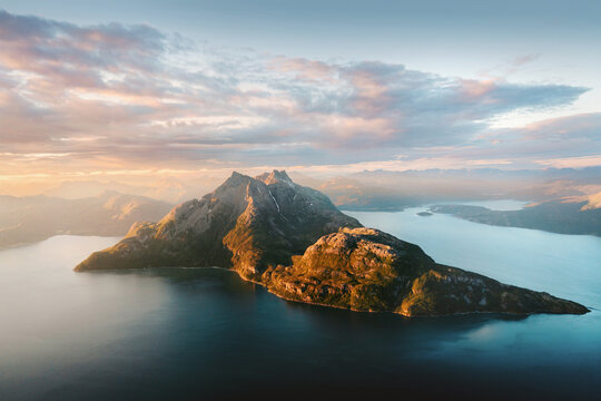 Island and sea aerial view in Norway sunset landscape mountain peak scenery in Scandinavia summer season peaceful scenic nature travel beautiful destinations