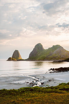 Sandy beach in northern Norway peaceful scenery island and sea beautiful landscape summer season tranquil scenic Arctic nature in Vesteralen travel Scandinavian destinations