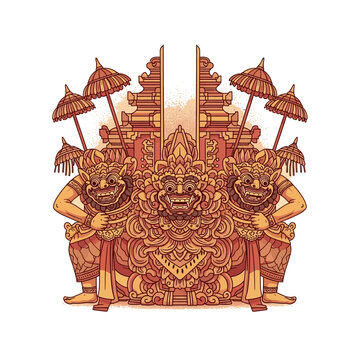 Detailed Balinese temple gate illustration with guardian figures and ornate carvings.
