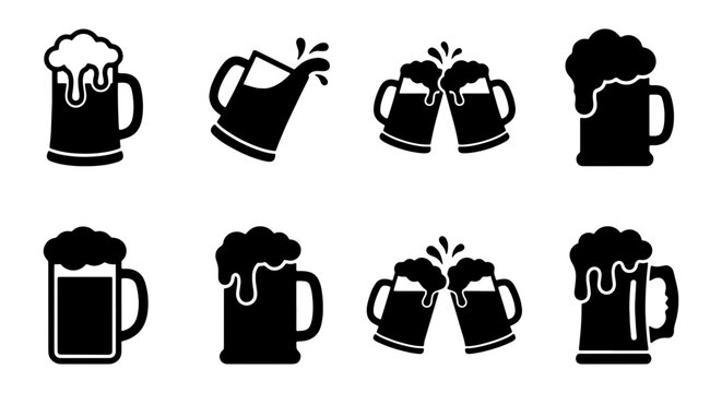 Beer mug icon set with 8 black vector silhouettes, foaming ale glass symbols for pub menus, clinking beer steins for brewery branding and bar signage