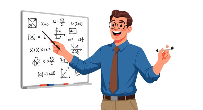 Enthusiastic Male Math Teacher Explaining Algebra Equations on Whiteboard