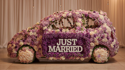 Beautiful wedding car with plate text wit flower frame JUST MARRIED