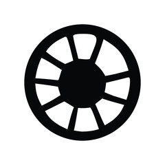 Obraz premium A simple black circular graphic with radial spokes, resembling a wheel or a stylized sun, presented on a white background