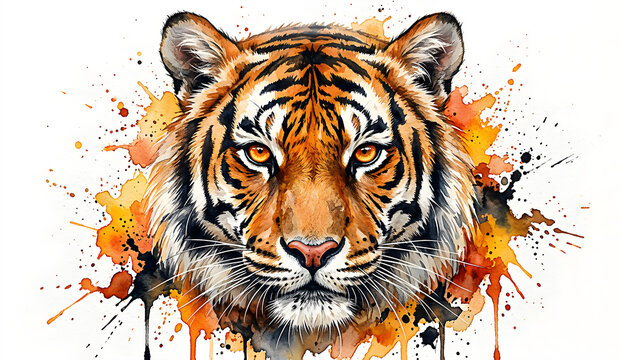 Watercolor Tiger Head with Orange Eyes