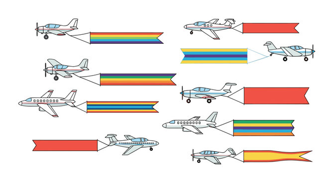 Collection of small airplanes flying in formation each towing a different colored banner arranged in a scattered dynamic layout against a white surface.