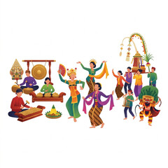Fototapeta premium Indonesian cultural festival celebration vector illustration with traditional dancers, gamelan musicians, and carnival ornaments in minimalist flat art style on white background