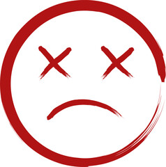 Obraz premium Red sad face icon with cross eyes in brush style. Expresses negative emotion, failure, error, or warning. Perfect for UI, stickers, social media, and design elements.