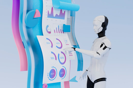 3D AI data dashboard robot with analytics interface