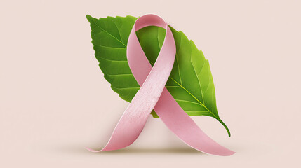 Cancer awareness: a stylized pink ribbon intertwined with a simple, hopeful green leaf, symbolic and clean