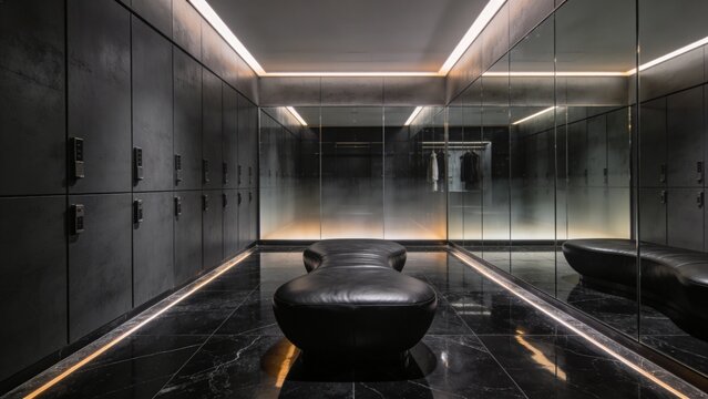 Elegant Dark Retail Fitting Room with Smoked Mirror Accents and Rich Charcoal Architectural Panels